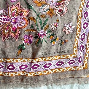 Oscar de la Renta 100% Silk Floral Scarf Taupe Purple 50”